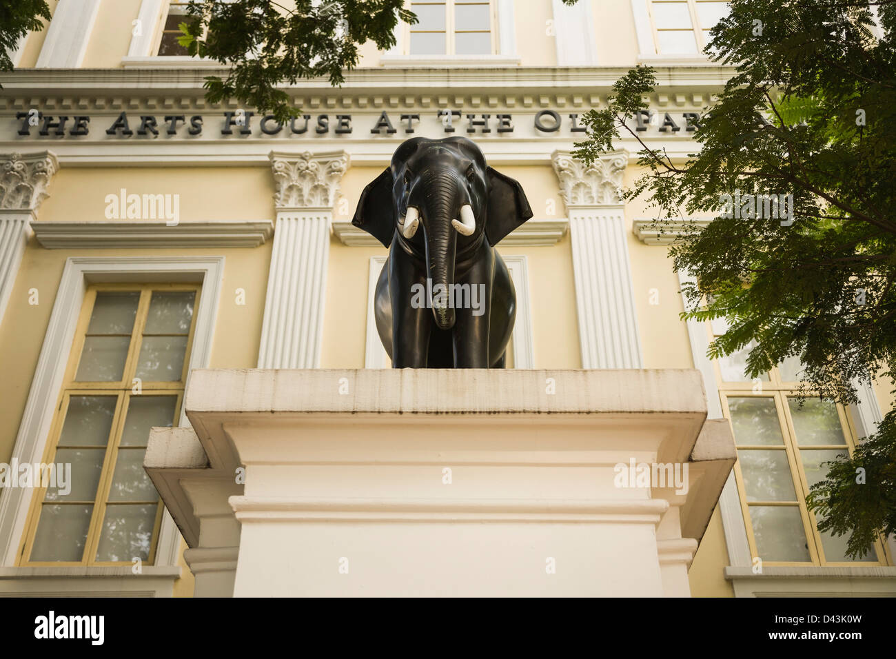 Bronze elephant statue sits in front of the Arts House at the Old Parliament House in the