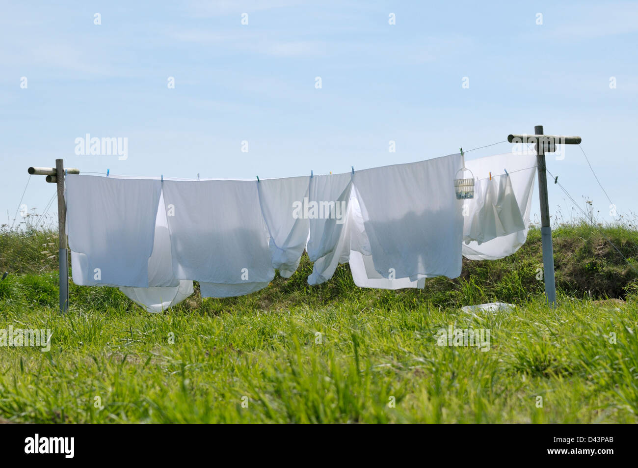 Laundry on Clothesline, Kerlouan, Bretagne, France Stock Photo