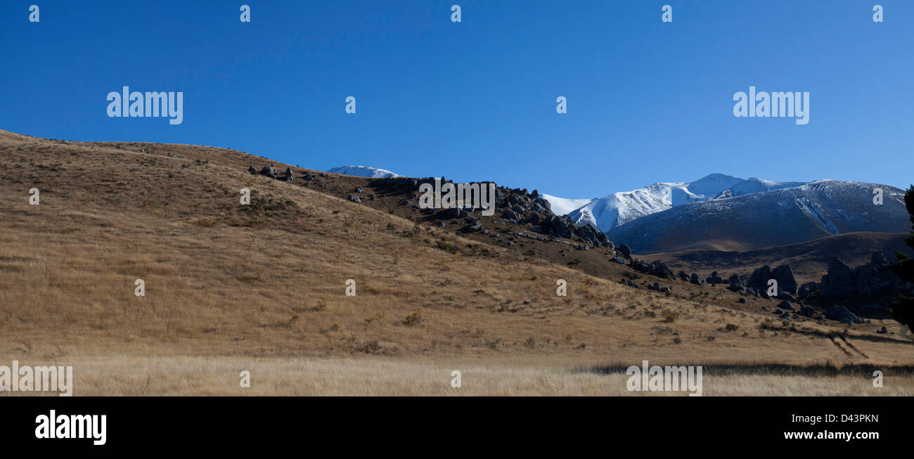 Panoramic view of Kura Tawhiti Natural historic and cultural values in Canterbury Region Southern Island New Zealand Stock Photo