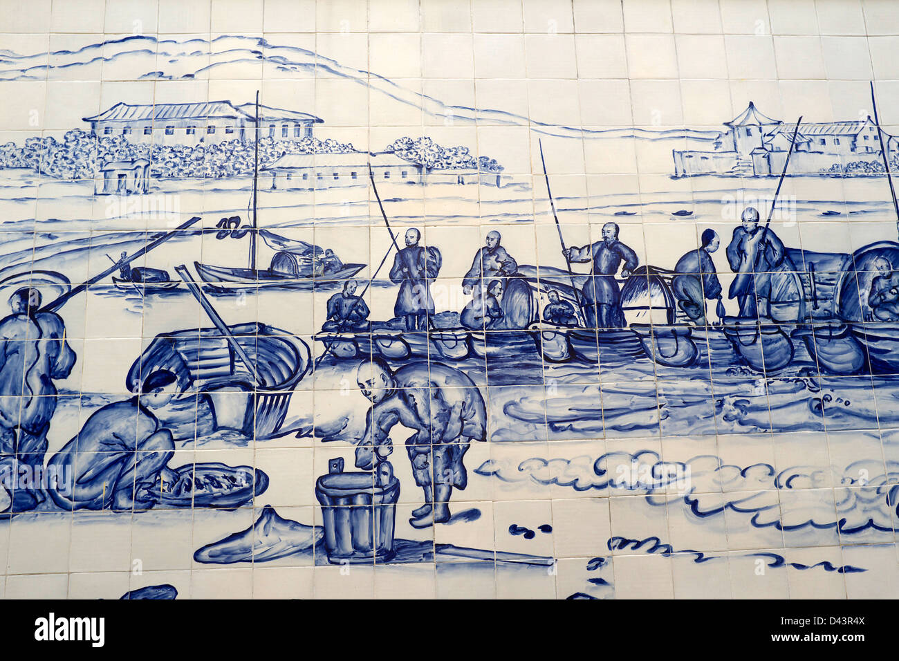 Illustration of early Macau on blue tiles near Central Macau, SAR, China Stock Photo