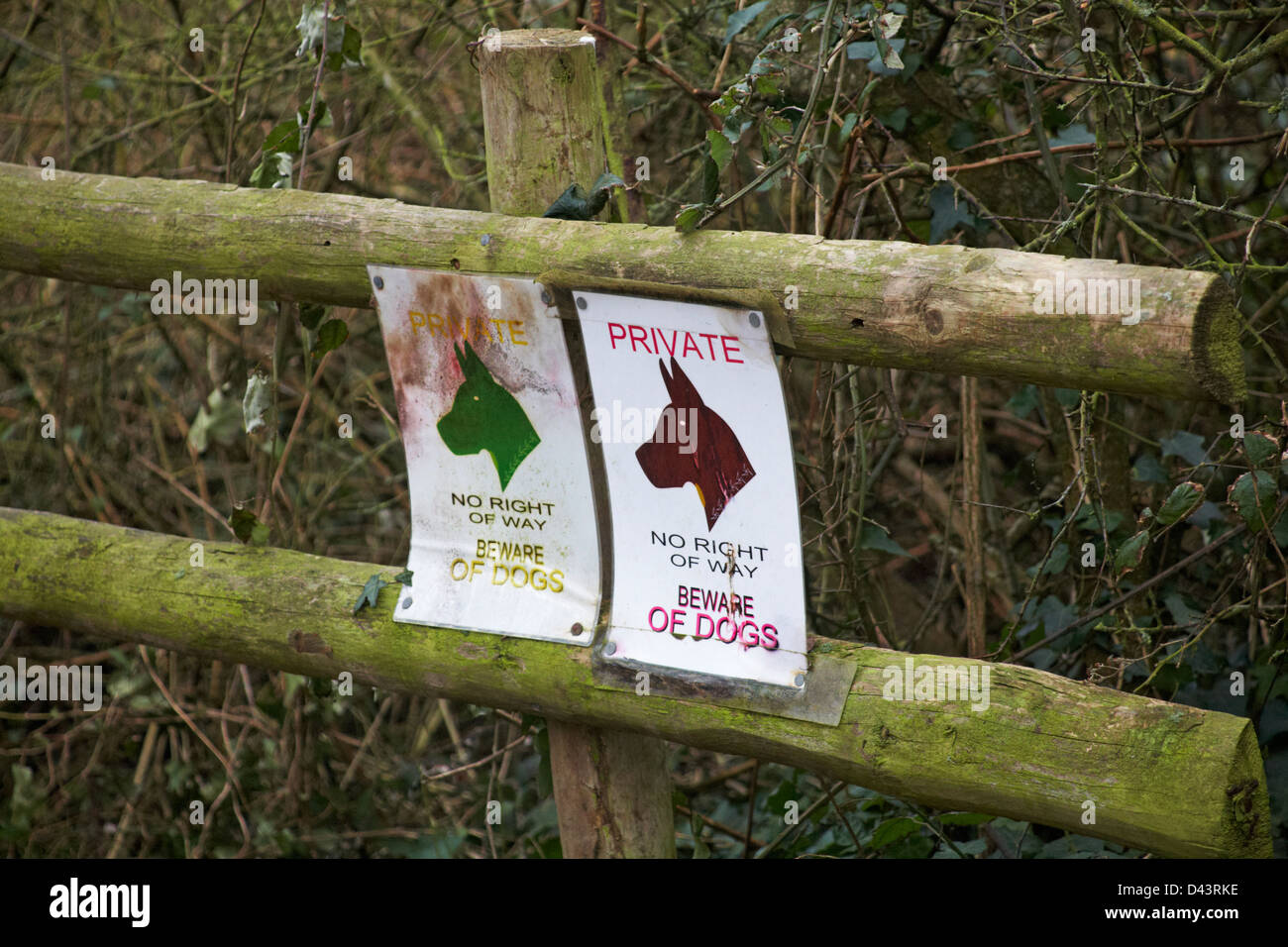 Private no right of way beware of dogs posters on fence at Kimmeridge Stock Photo