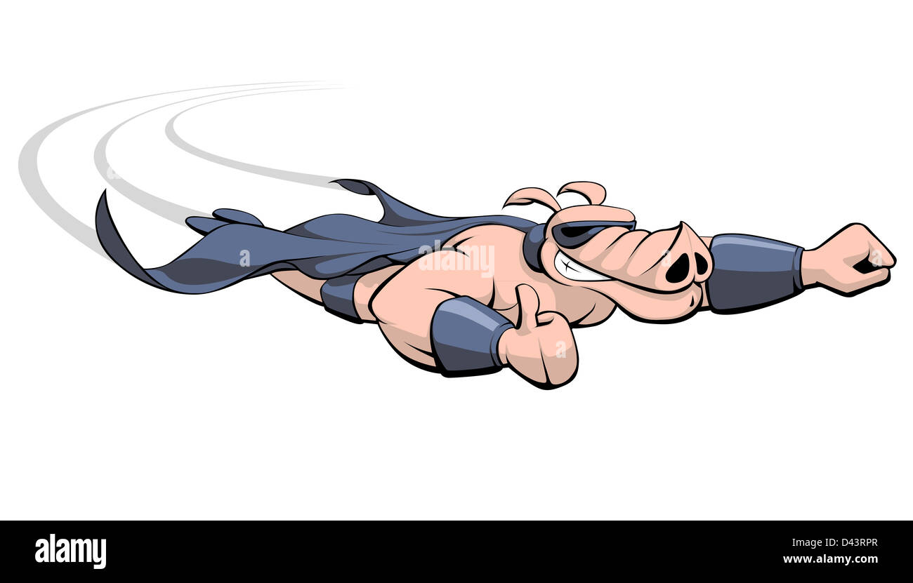 An unlikely figure of a caped, masked flying pig superhero giving a thumbs up...illustrating the saying, when pigs fly Stock Photo