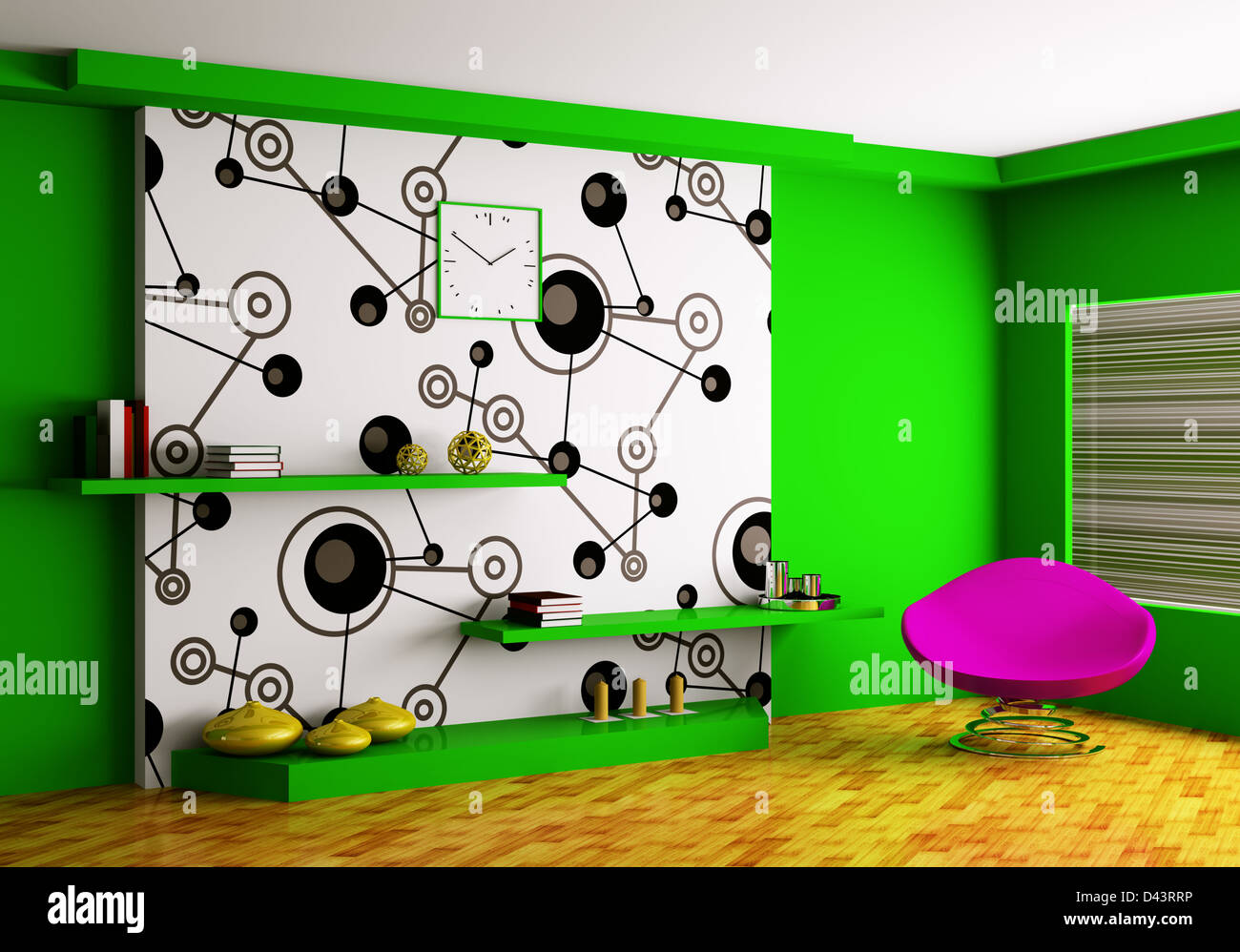 Modern interior with shelves and armchair 3d render Stock Photo - Alamy