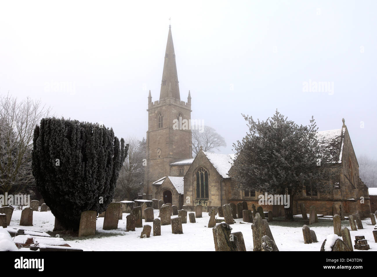 Winter snow, St Marys church, Edith Weston village Rutland County