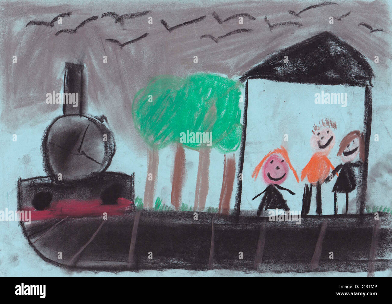 Child's drawing painting, Railway Children , book cover , Stock Photo