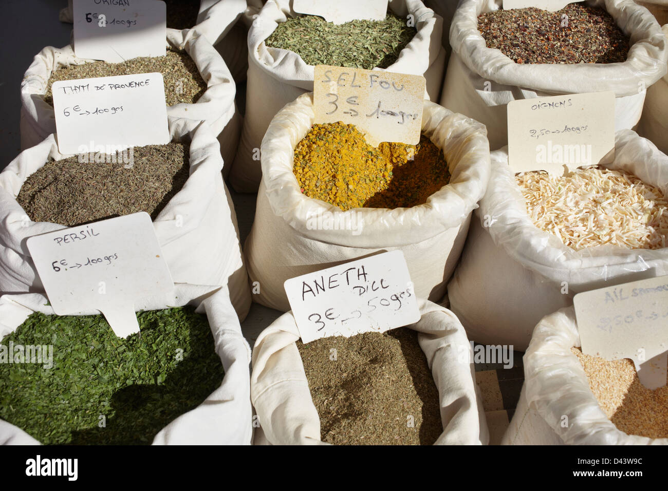 Bags of Spices for Sale at Market, Cap Ferret, Gironde, Aquitaine, France Stock Photo