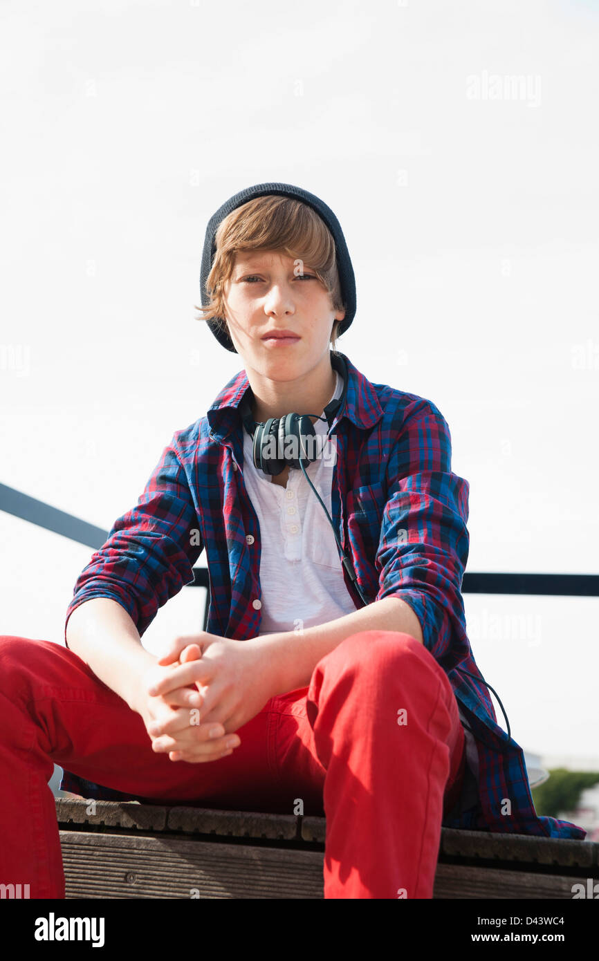 Portrait of Boy wearing Toque and Headphones Outdoors, Mannheim, Baden ...