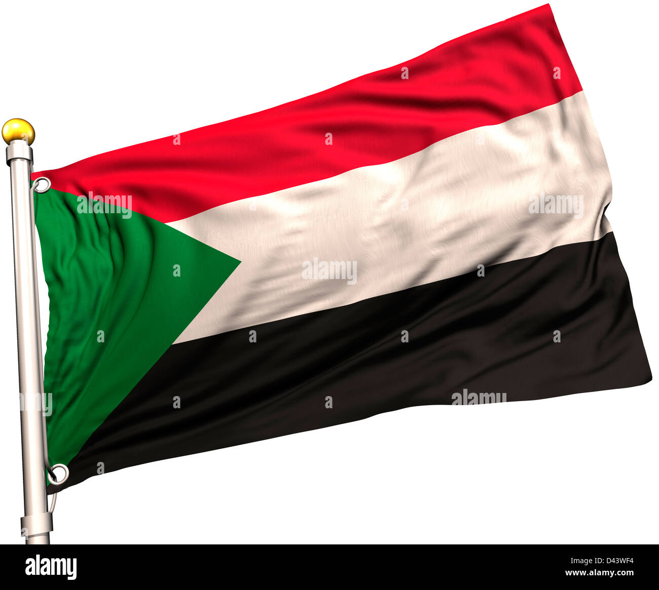 Sudan flag on a flag pole. Clipping path included. Silk texture visible on the flag at 100%. Stock Photo