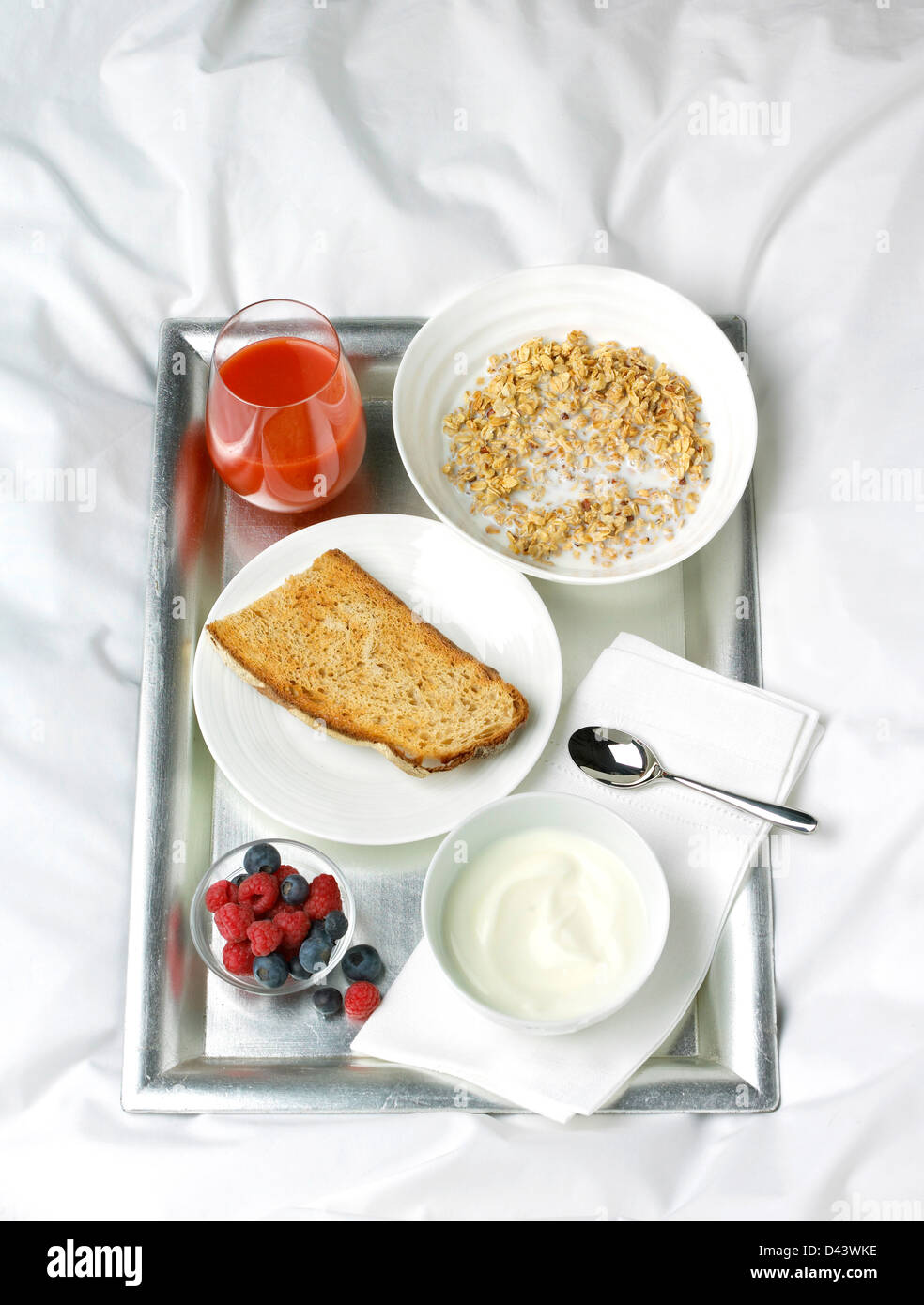 Breakfast on silver tray cut out white background Stock Photo Alamy