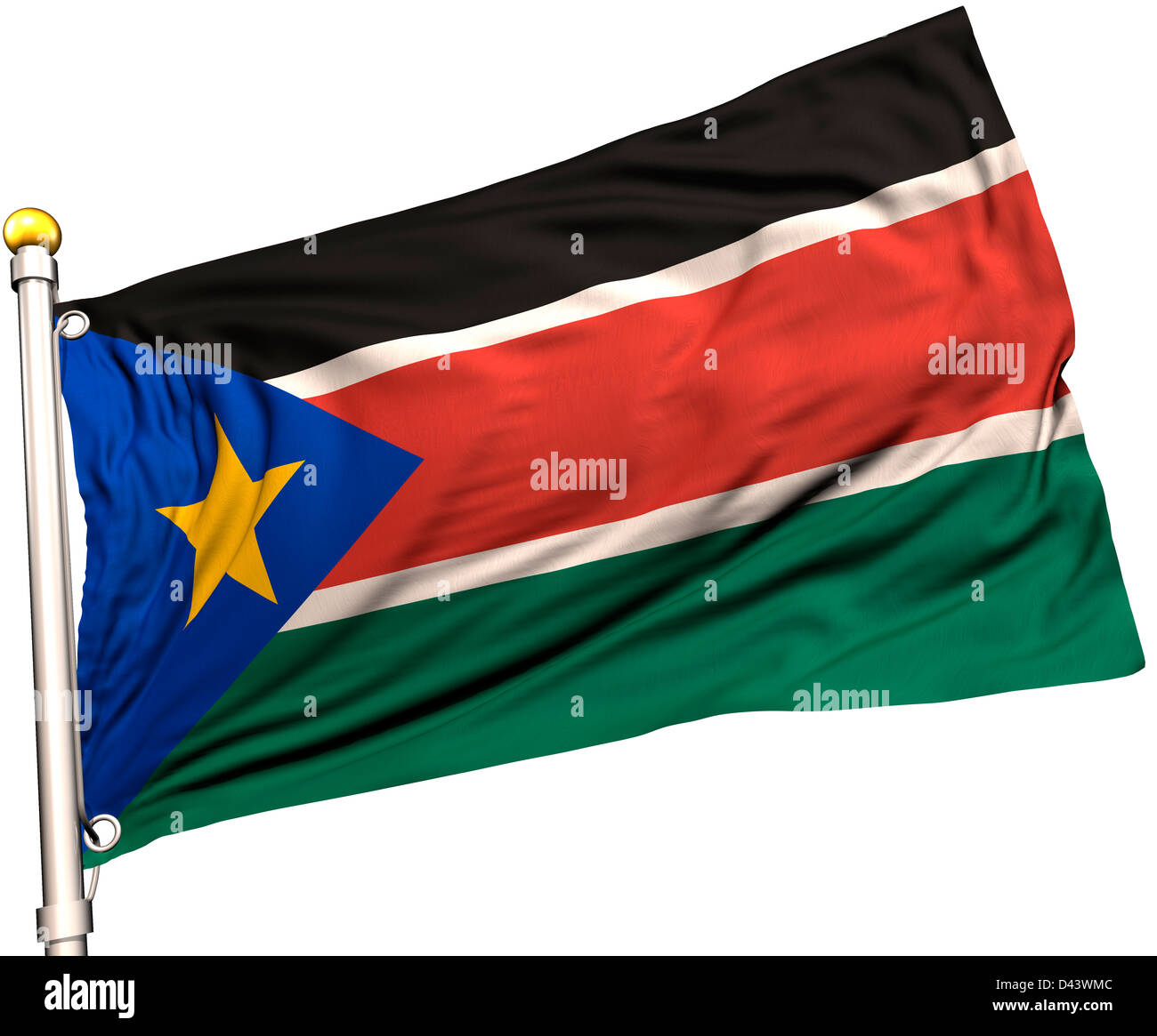 South Sudan flag on a flag pole. Clipping path included. Silk texture visible on the flag at 100%. Stock Photo