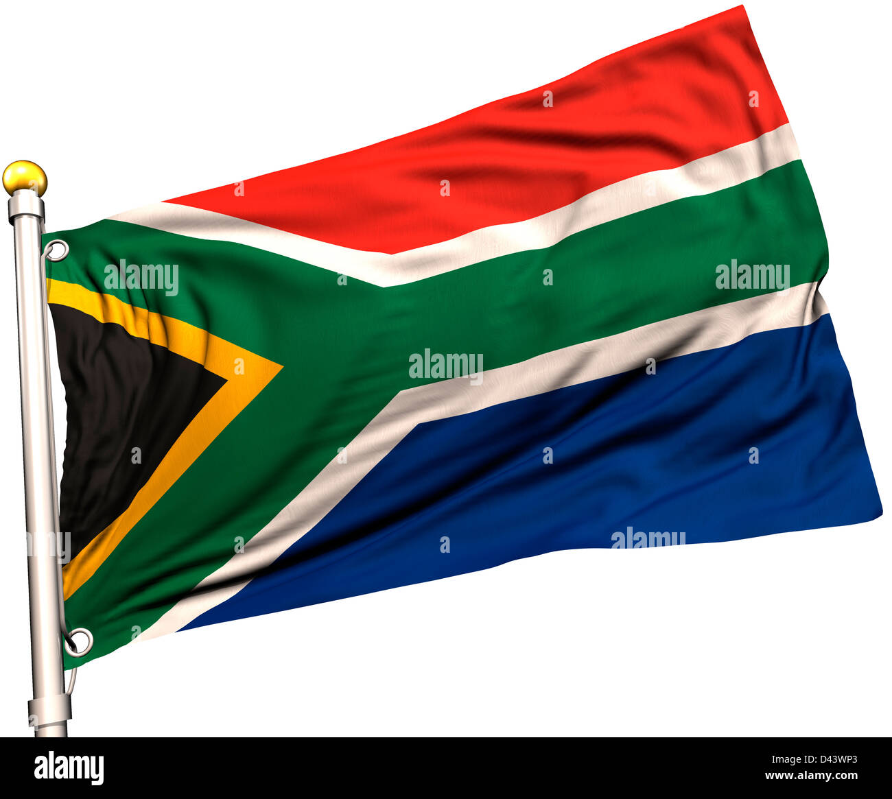 South Africa flag on a flag pole. Clipping path included. Silk texture