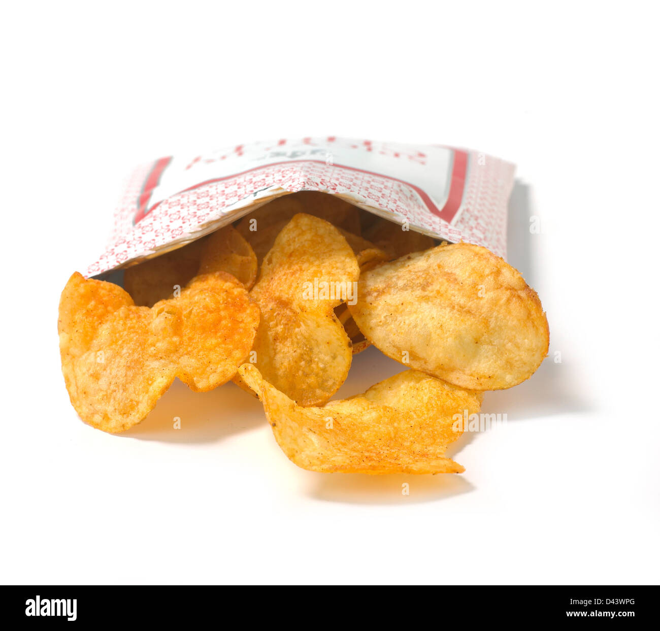 Opened packet of crisps cut out white background Stock Photo
