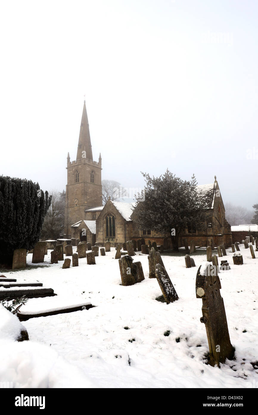 Winter snow, St Marys church, Edith Weston village Rutland County