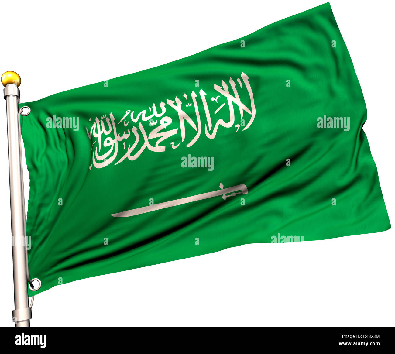 Saudi Arabia flag on a flag pole. Clipping path included. Silk texture visible on the flag at 100%. Stock Photo