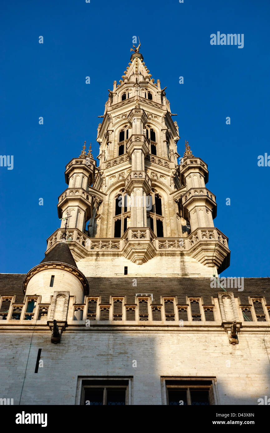 The Tower of the town hall Grand Place Brussels Stock Photo