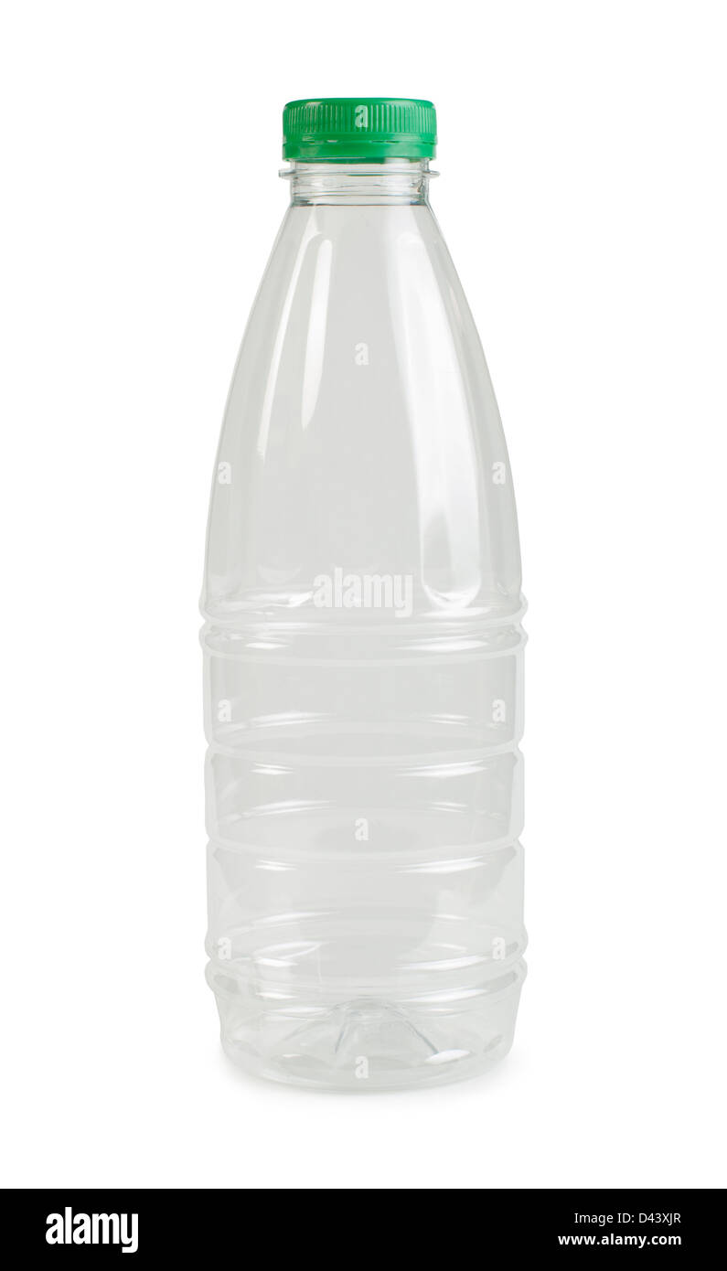 Empty transparent plastic bottle. White isolated. Green cap Stock Photo