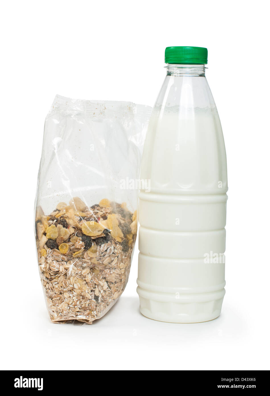 Mucli Muesli breakfast in package and bottle milk. White isolated Stock Photo ...