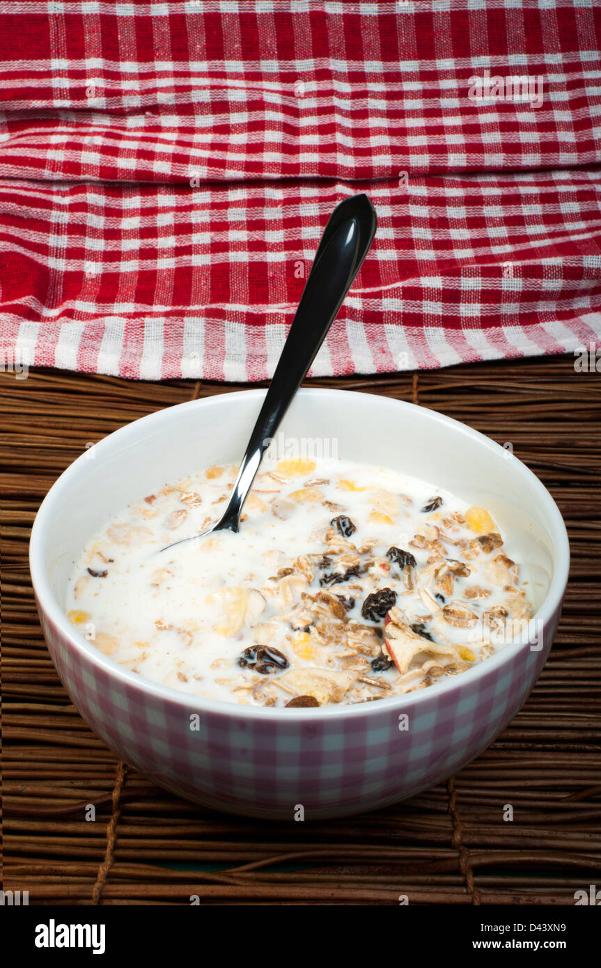 Muesli breakfast in a bowl and spoon close up Stock Photo
