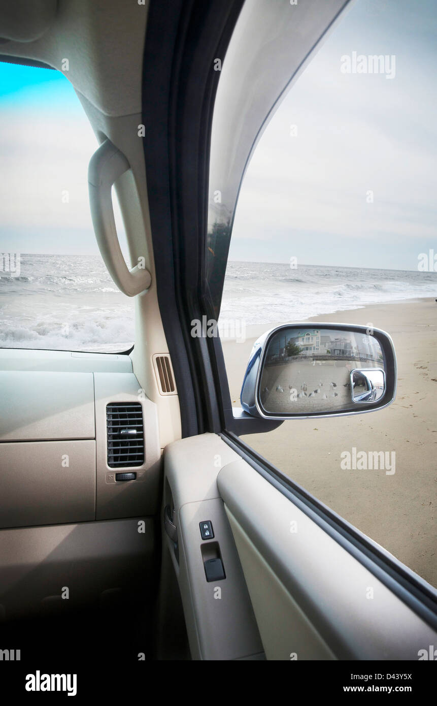 Interior of Car Looking out at Beach, Point Pleasant, New Jersey, USA