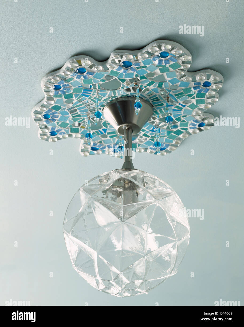 Blue Mosaic Ceiling Rose And Faceted Glass Globe Light Fitting