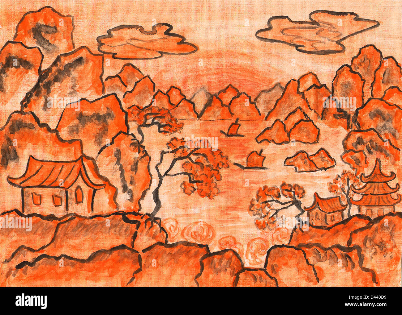 Landscape in traditions of old Chinese art, in orange colours