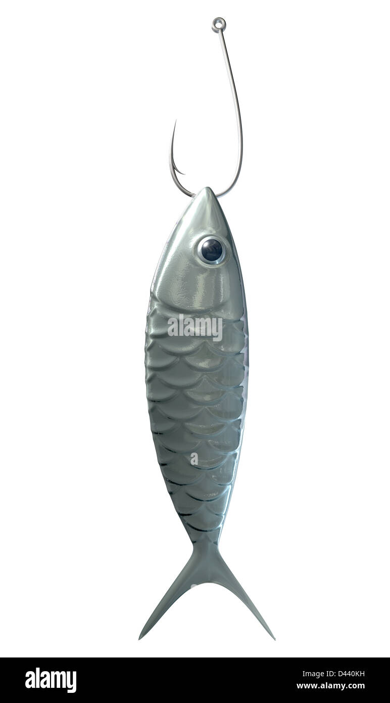 A side view of an upright stylized silvery metal fish with a black eye with a metal fishing hooked attached to its mouth on an i Stock Photo