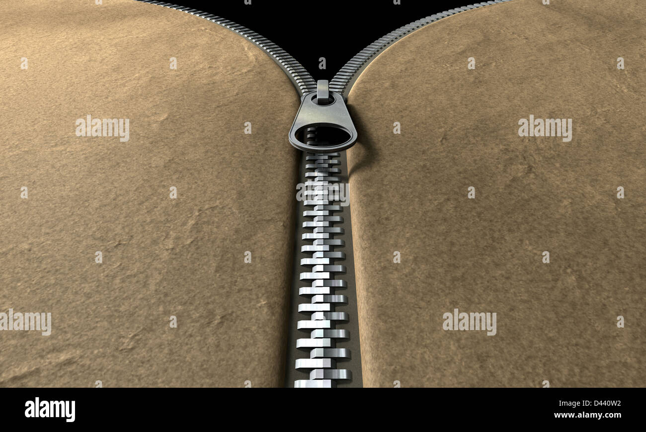 A perspective view of a leather item with a metal zipper half way zipped up Stock Photo