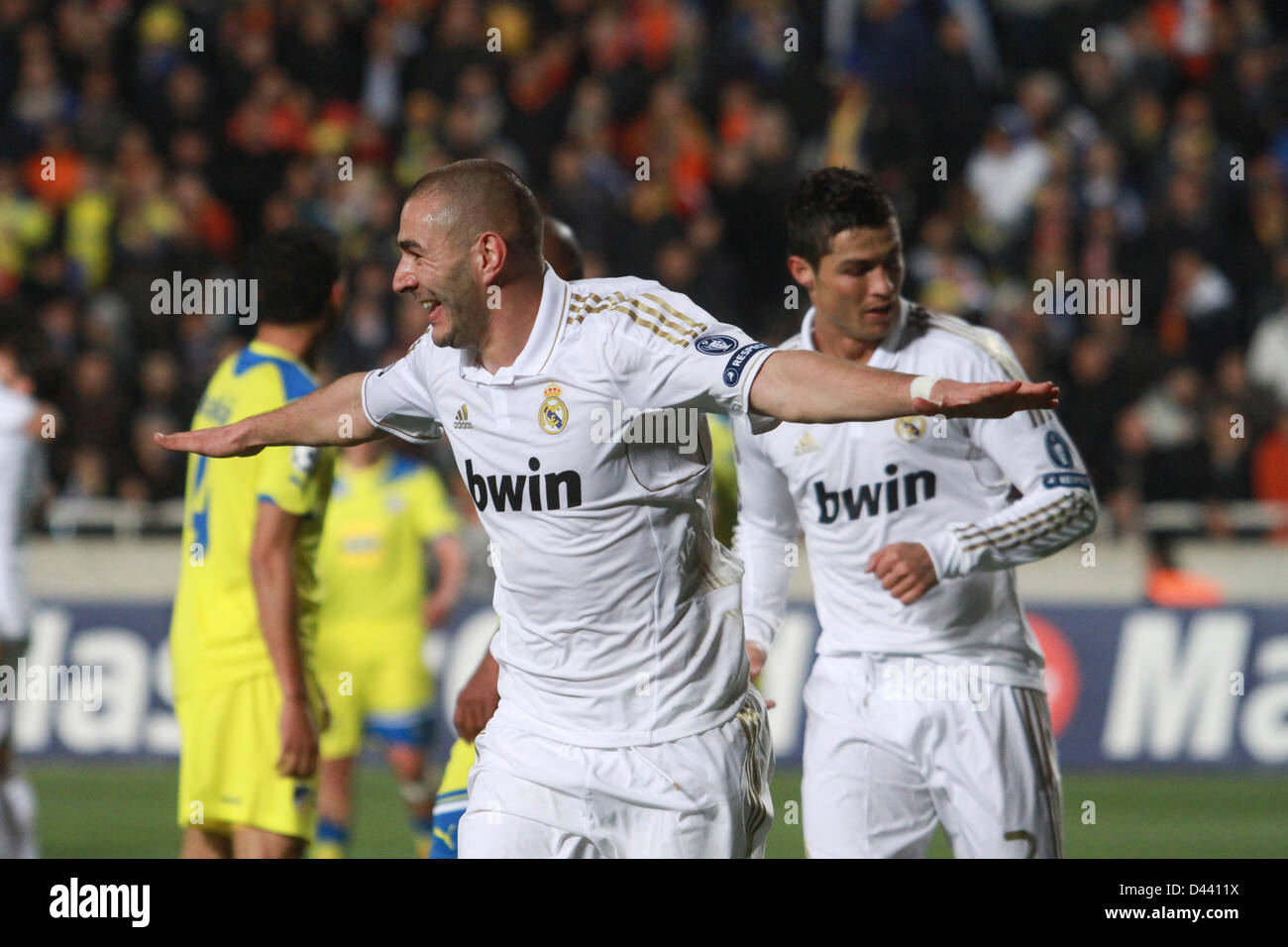 NICOSIA,CYPRUS - MARCH 27: Karim Benzema of Real Madrid during the UEFA Champions League quarter-final match between APOEL and R Stock Photo