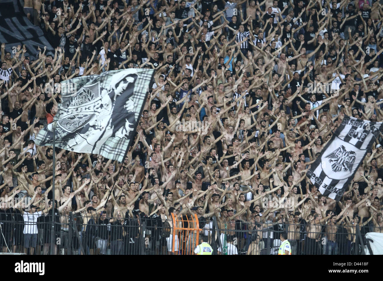 GREECE, THESSALONIKI-AUGUST 23: Paok FC fans against Rapid Wien, during their first leg of the UEFA Europa League playoff footba Stock Photo