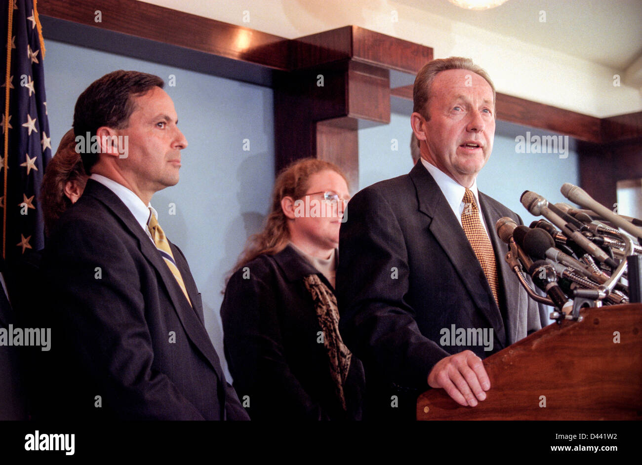 Pennsylvania Attorney General Mike Fisher with other state attorneys general discusses a $206 billion settlement with tobacco companies November 16, 1998 in Washington, DC. Stock Photo