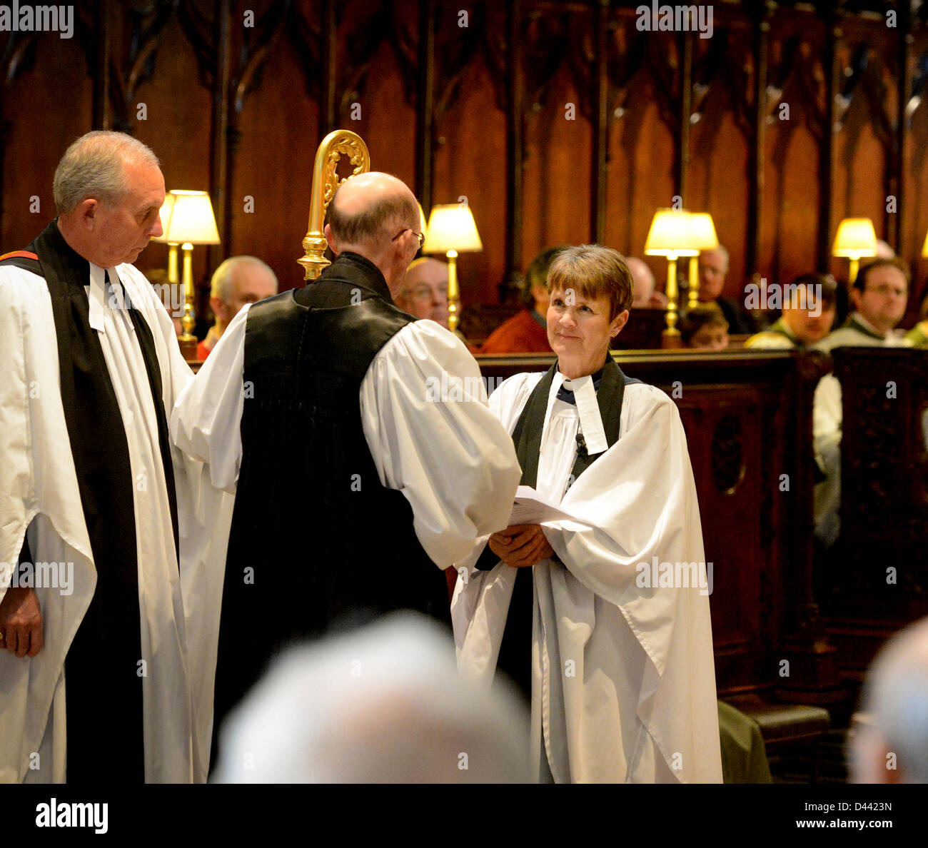 Chichester, UK. 3rd March, 2013. The Reverend Canon Julia Peaty was licensed as the Dean of Women's Ministry by Bishop Martin at a service held in Chichester Cathedral last night (3rd March). The new post has been created to encourage more female priests to be ordained into the Diocese of Chichester. Bishop Martin is pictured (left) with Rev Canon Julia Peaty (right). Credit: Jim Holden/Alamy Live News Stock Photo