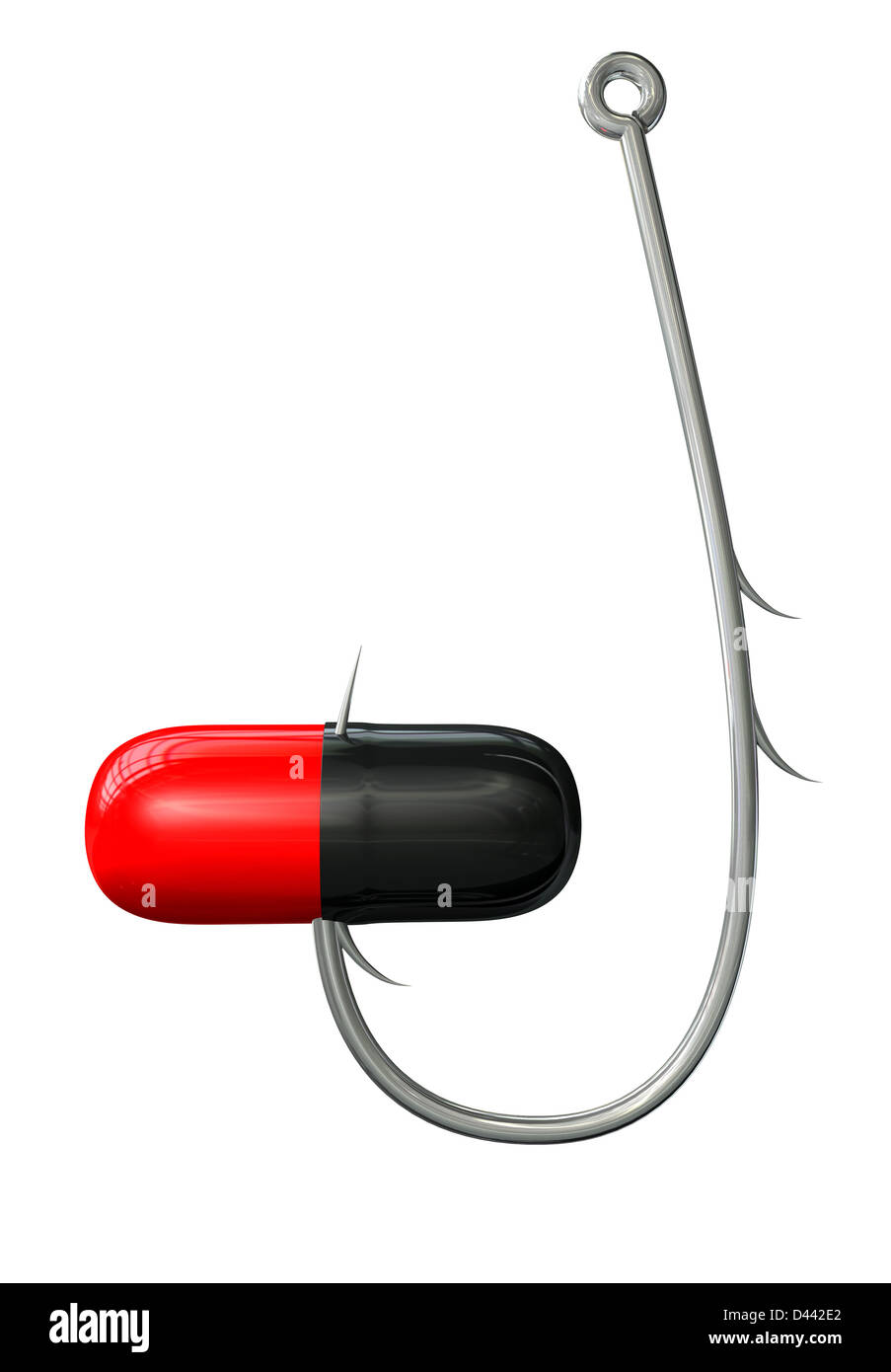 A literal description of a metal fishing hook hooked onto a red and black medicine capsule on an isolated background Stock Photo