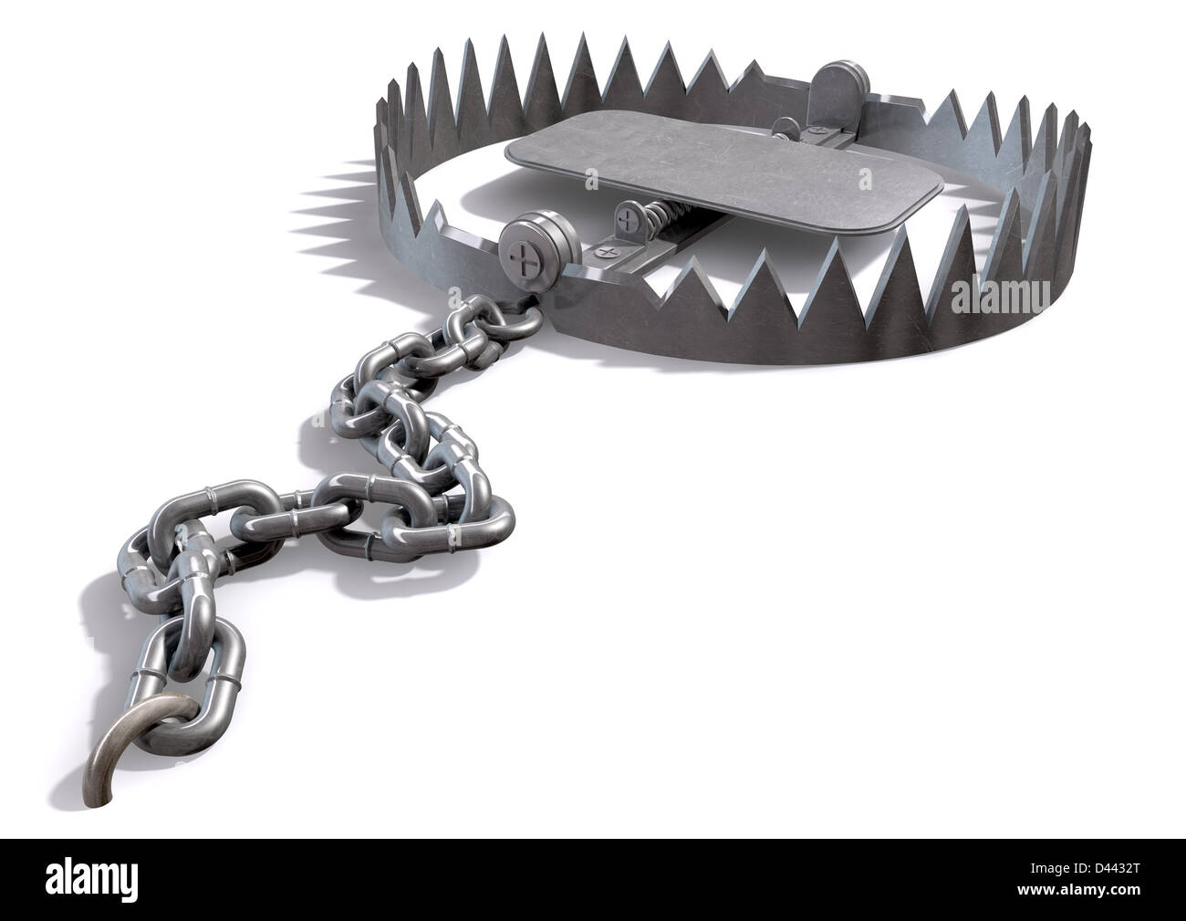 https://c8.alamy.com/comp/D4432T/a-metal-animal-trap-that-is-open-attached-to-the-ground-with-a-metal-D4432T.jpg