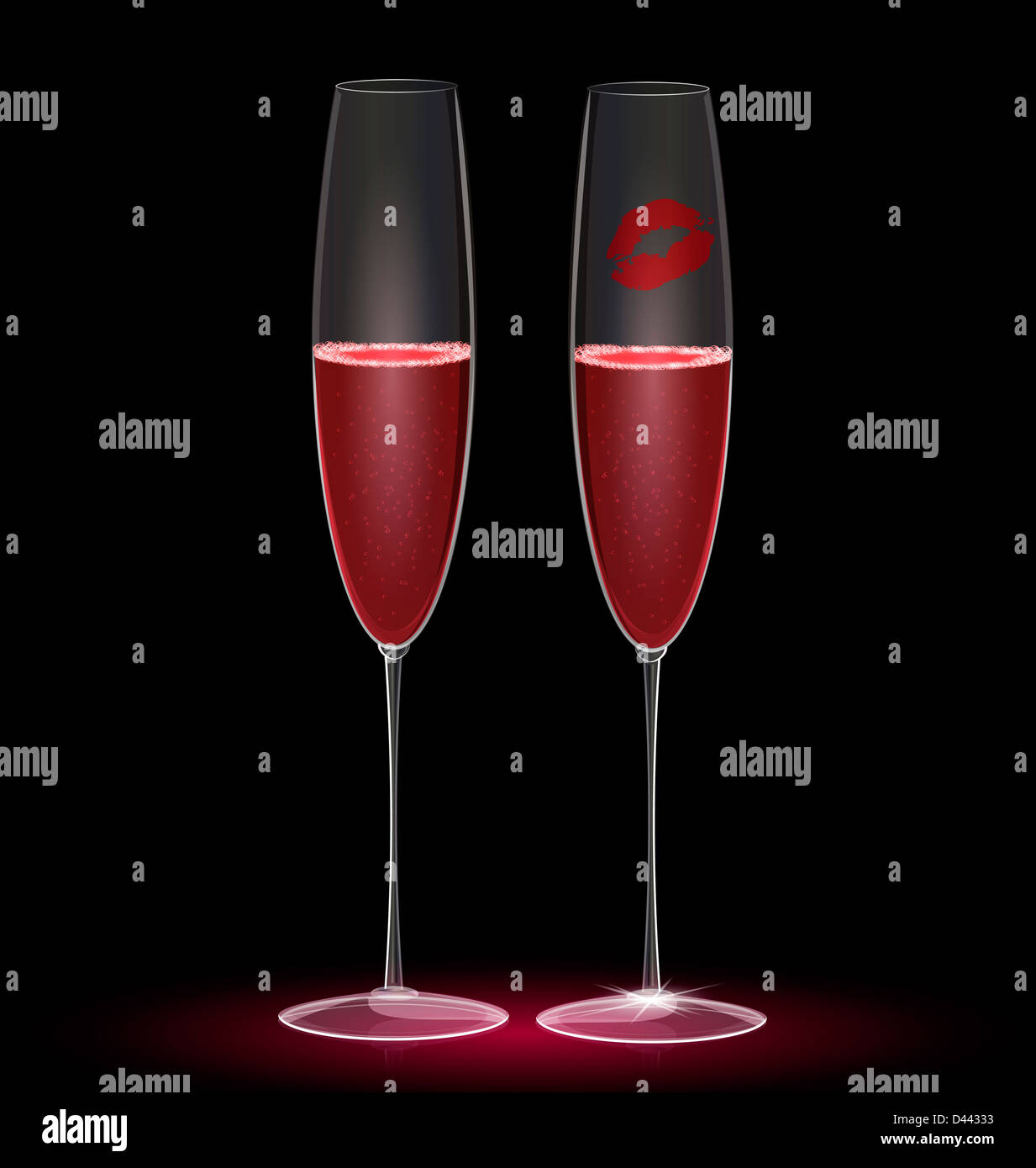 On A Dark Red Background Are Two Glasses And A Trace Of Lip Stock