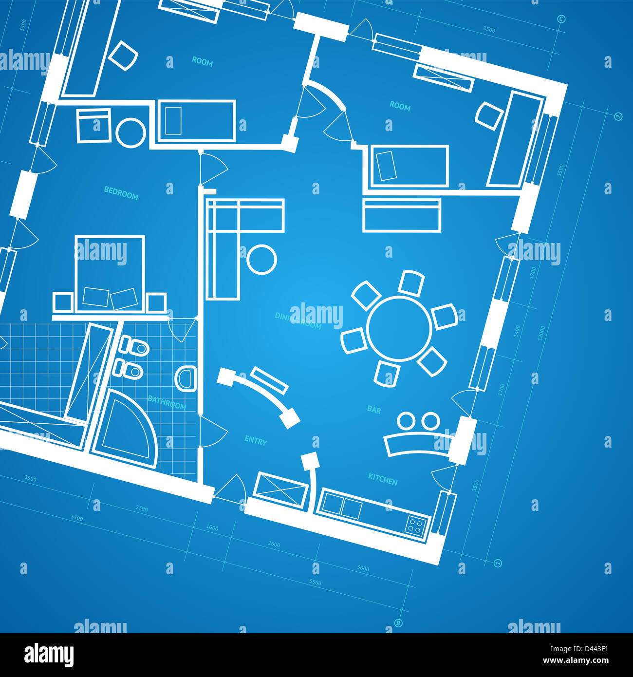 Abstract blueprint background in blue and white colors. Raster version. Stock Photo