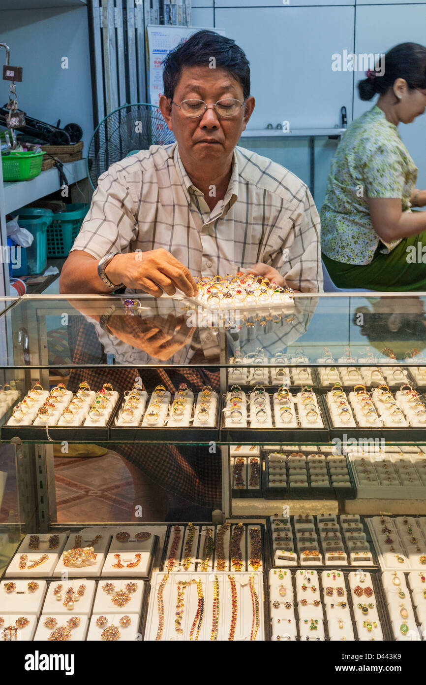 Myanmar, Yangon, Bogyoke Market, Gemstone and Jewellery Shop Stock