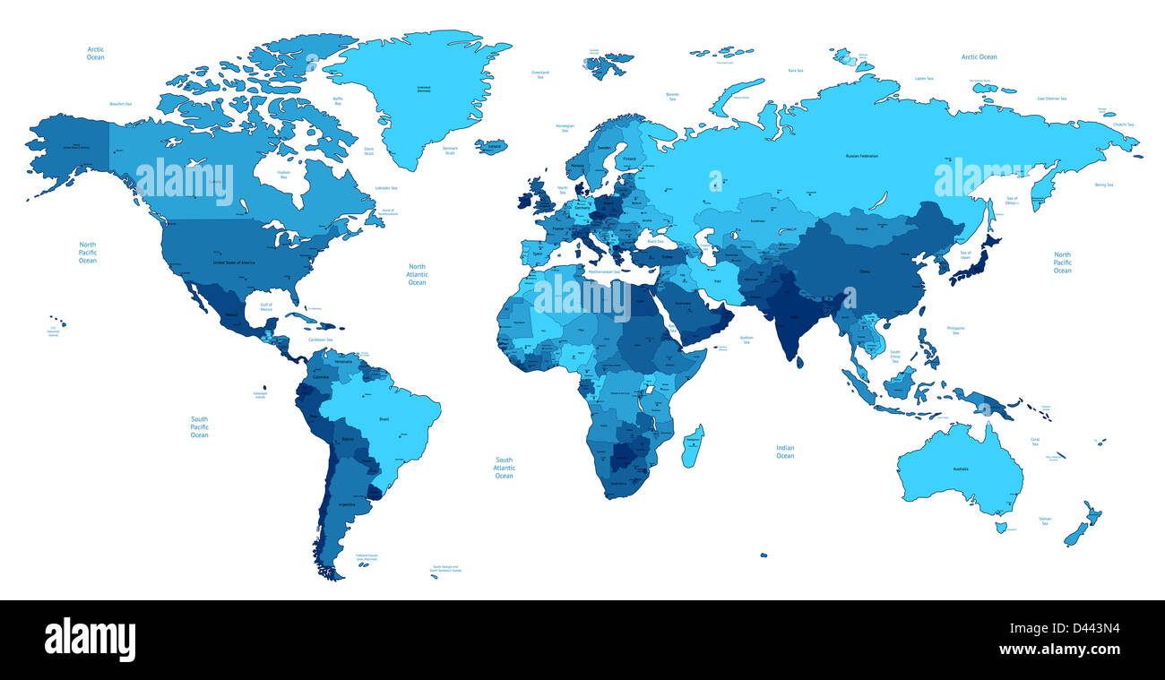 Detailed World map of blue colors. Stock Photo