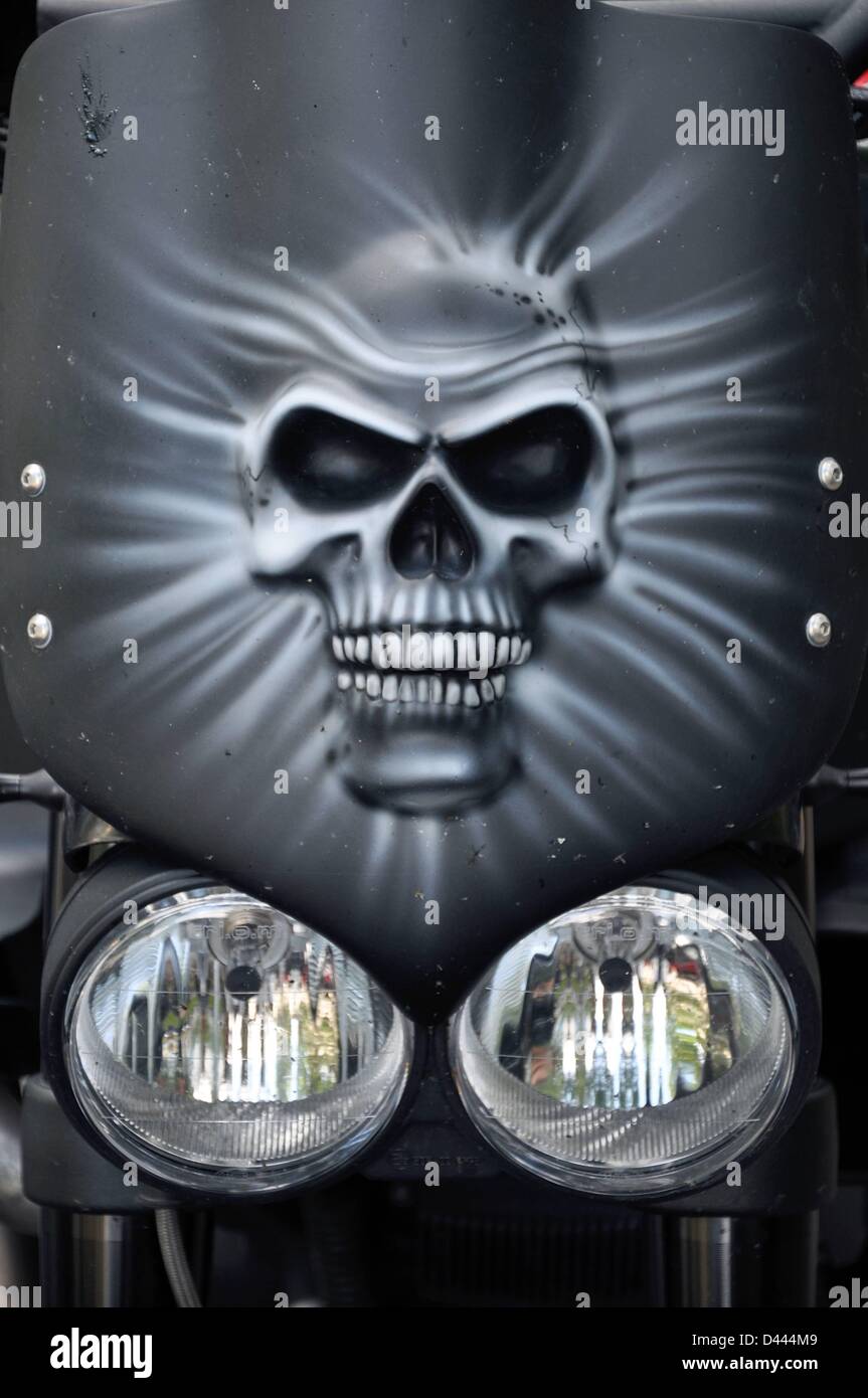 The cover of a fork tube with a skull airbrushed on it is pictured in Berlin, Germany, 9 October 2011. Fotoarchiv für ZeitgeschichteS.Steinach Stock Photo