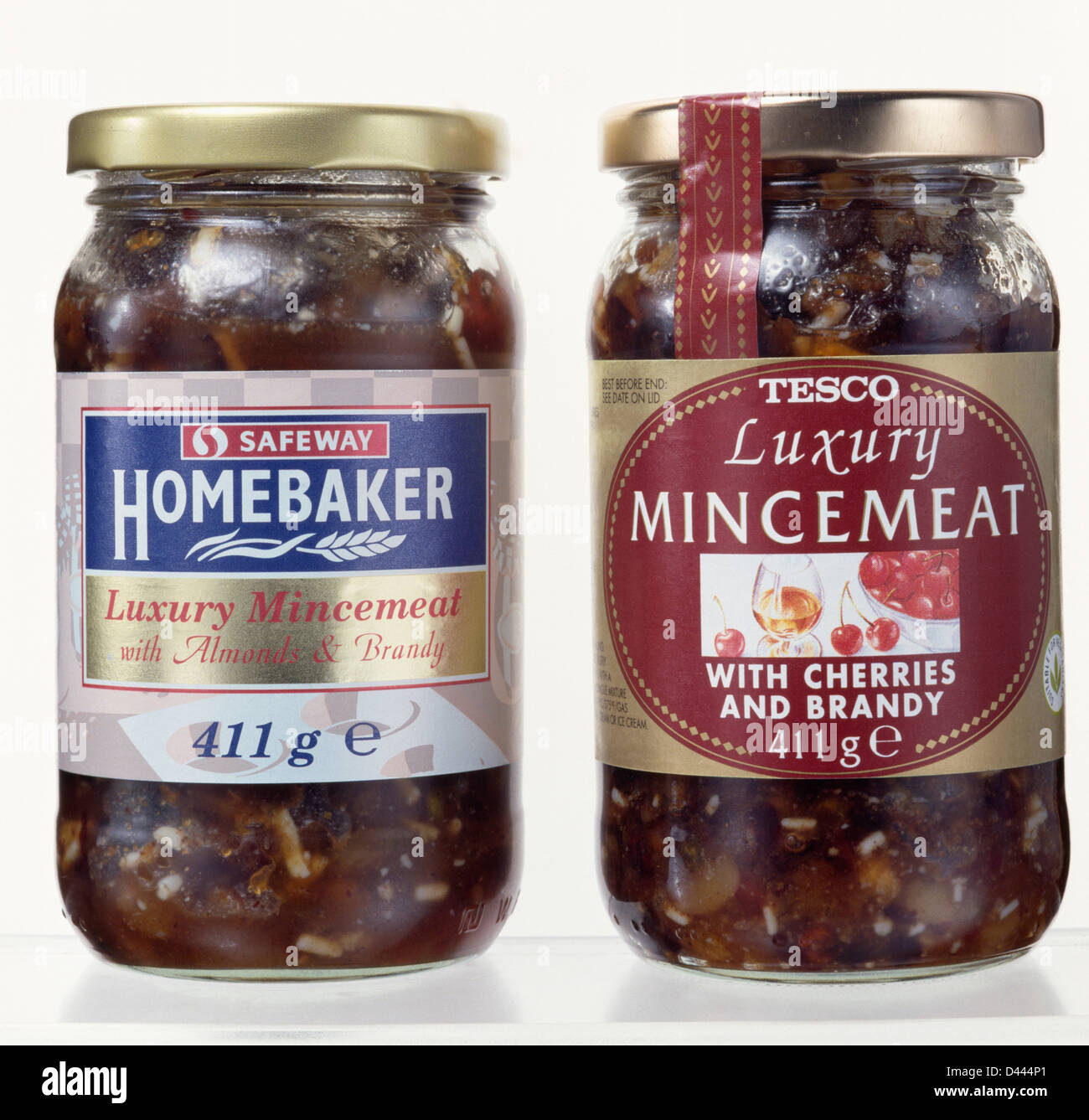 Closeup of jars of Tesco and Safeway Luxury Mincemeat Stock Photo Alamy