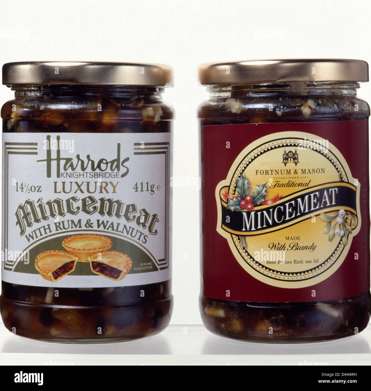 Closeup of jars of Harrods and Fortnum+Mason Luxury Mincemeat Stock