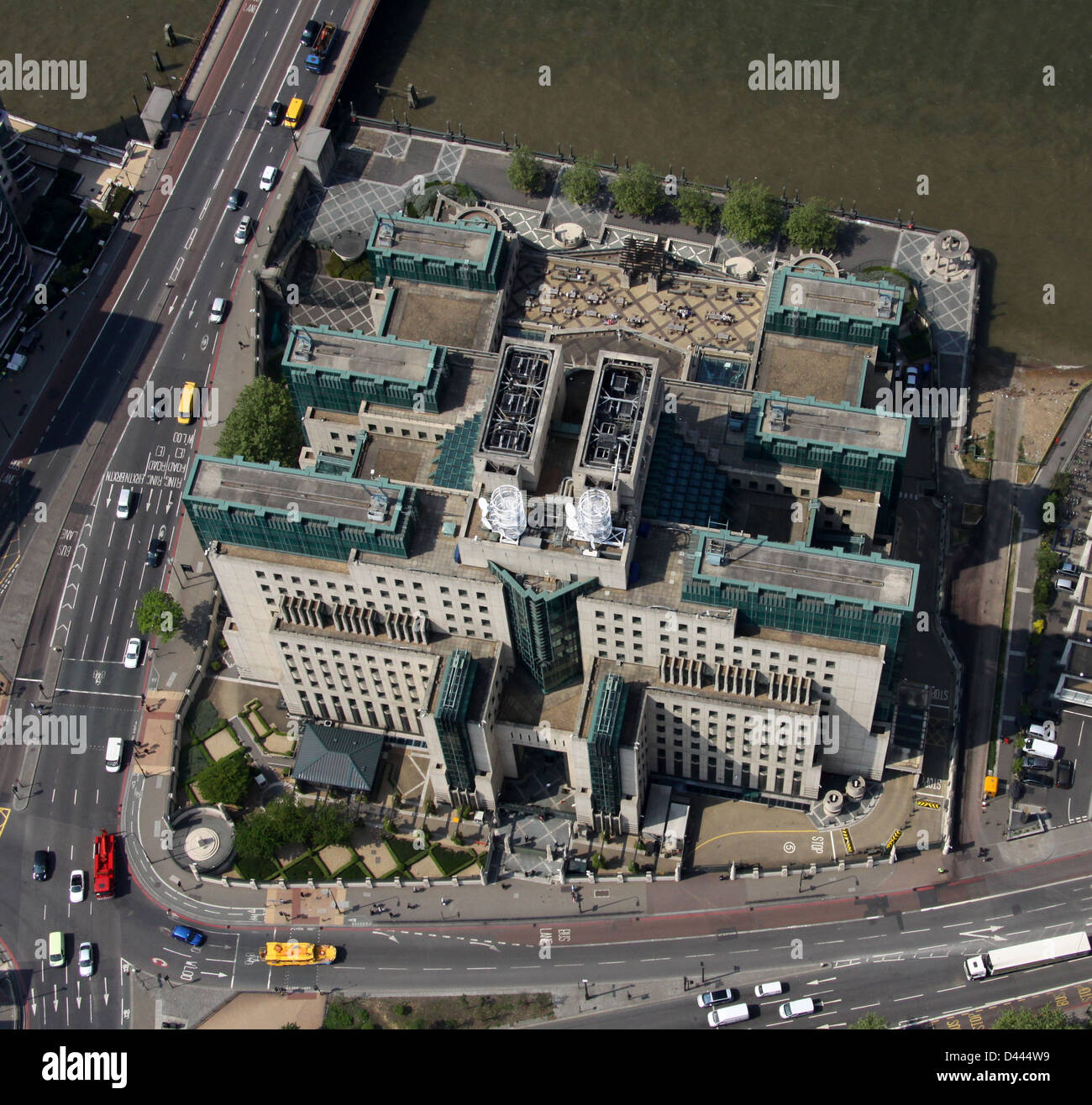 aerial view of the MI6 building at Lambeth, London Stock Photo