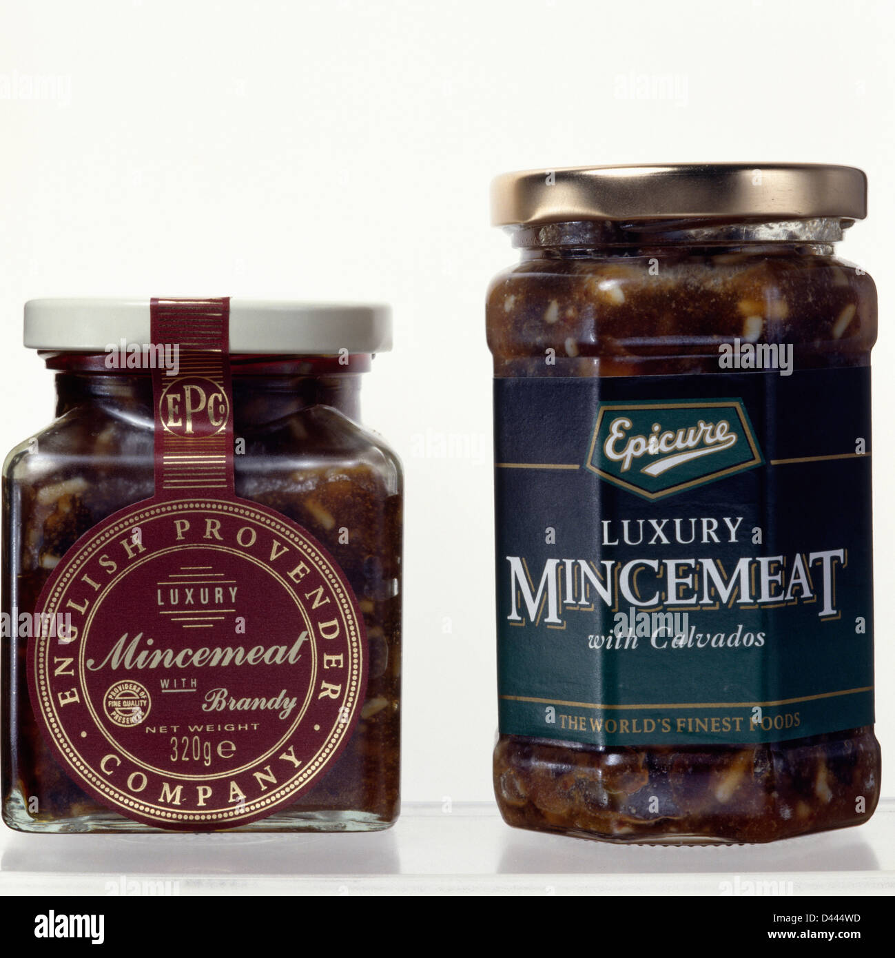 Close-up of jars of 'Epicure' and 'English Provender Company' mincemeat Stock Photo