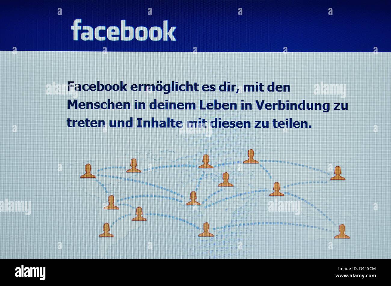Illustration - View of the Internet page of the social networking service 'facebook' on 9 July 2011. In the text beneath it, the German translation of the company's motto is presented: 'Facebook helps you connect and share with the people in your life.' Fotoarchiv für ZeitgeschichteS.Steinach Stock Photo