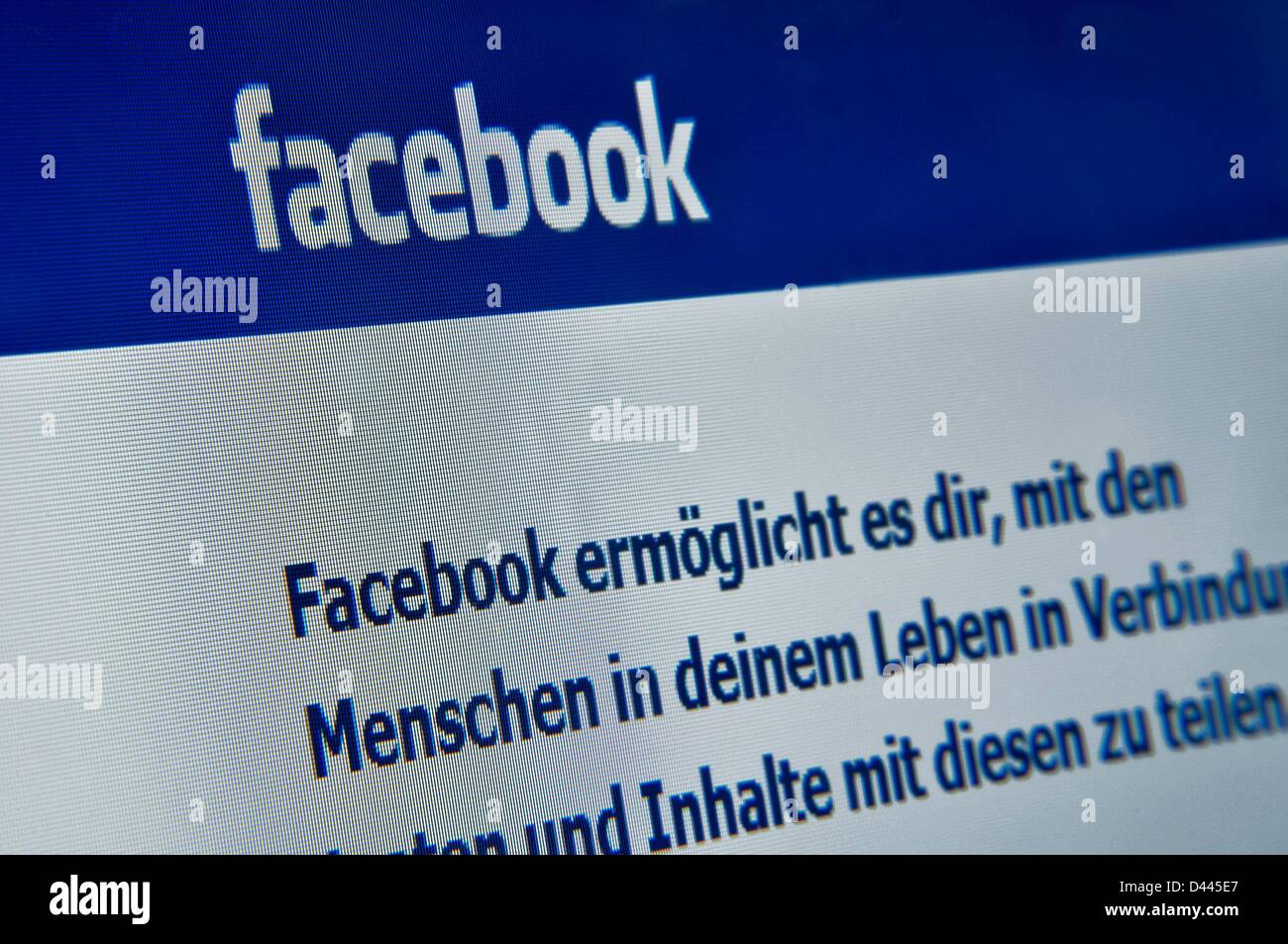 lllustration - View of the Internet page of the social networking service 'facebook' on 9 July 2911. In the text that is written beneath the logo, the German translation of the motto of the company is presented: 'Facebook helps you connect and share with the people in your life.' Fotoarchiv für ZeitgeschichteS.Steinach Stock Photo