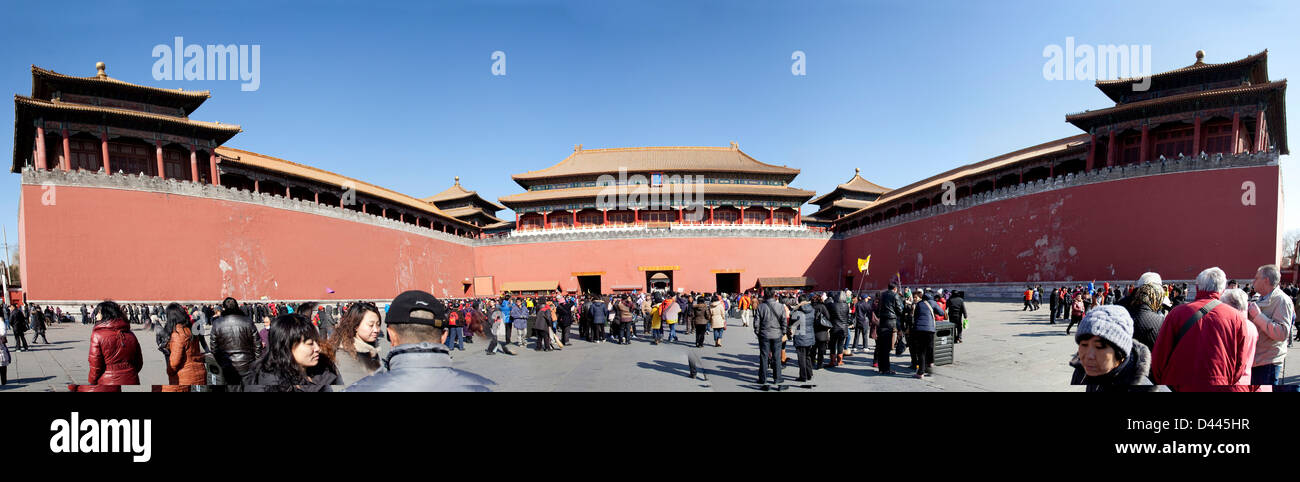 visitor in front of The Meridian Gate on Beijing, China. Stock Photo
