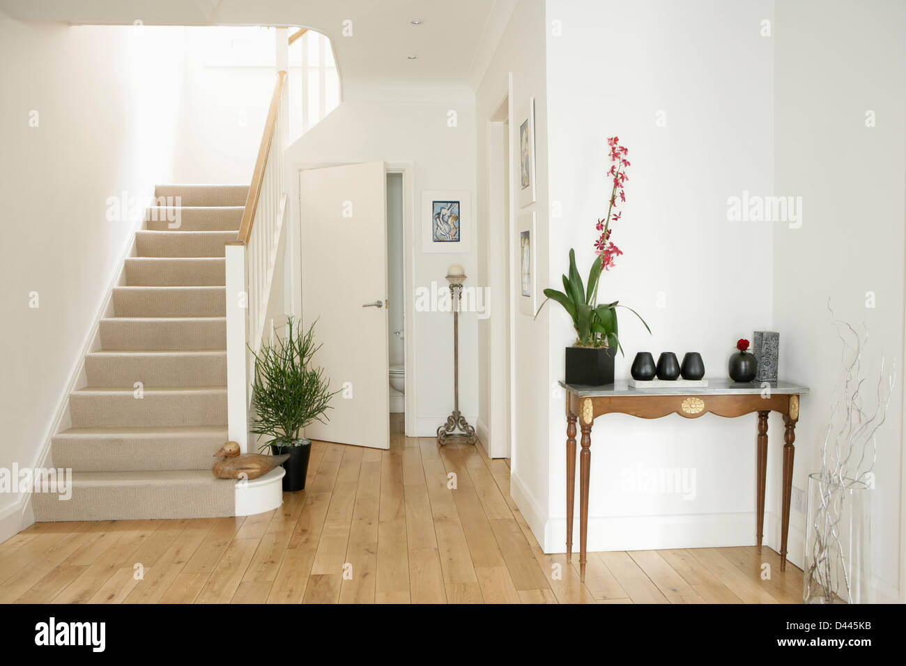 Orchid in pot on small console table in white hall with wooden ...