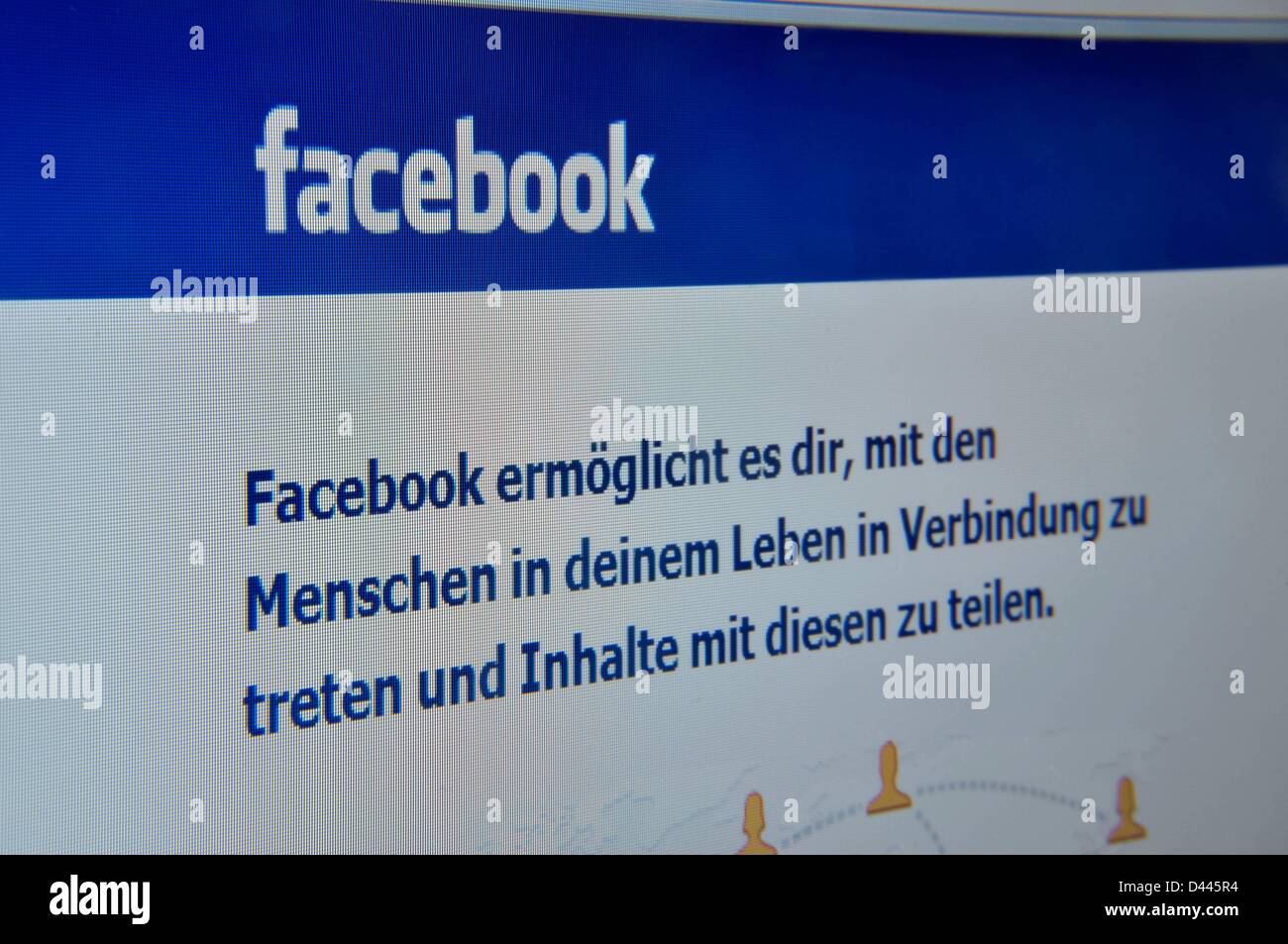 Illustration - View of the Internet page of the social networking service 'facebook' on 9 July 2911. In the text that is written beneath the logo, the German translation of the motto of the company is presented: 'Facebook helps you connect and share with the people in your life.' Fotoarchiv für ZeitgeschichteS.Steinach Stock Photo