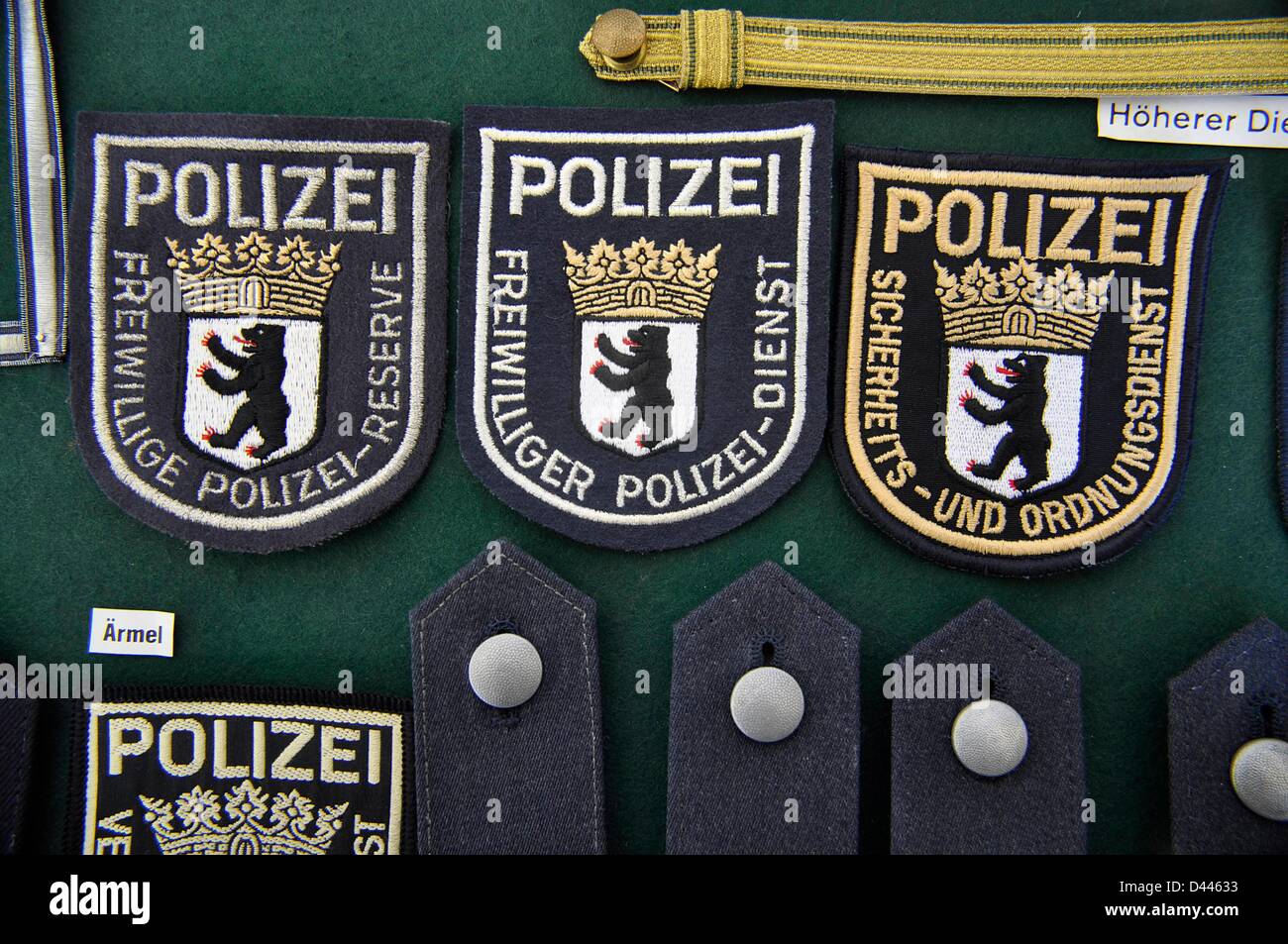 Police patches are pictured at the Police Museum in Berlin, Germany, 05 March 2012. Fotoarchiv für Zeitgeschichte Stock Photo