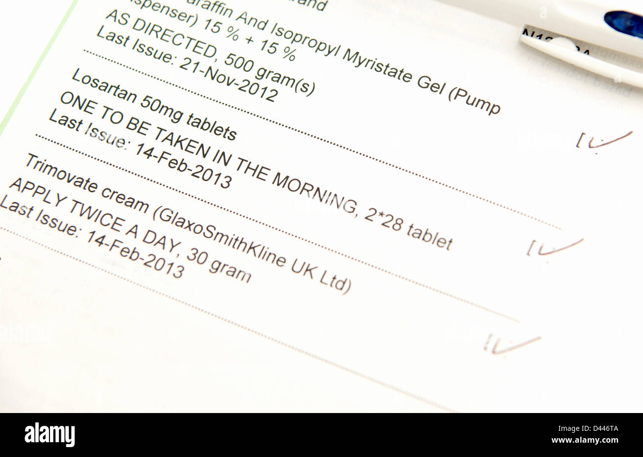 In England Prescription charges to rise by 20p to £7.85 from April 1 under changes announced by ministers. Filling in form for request repeat prescription / prescriptions Stock Photo