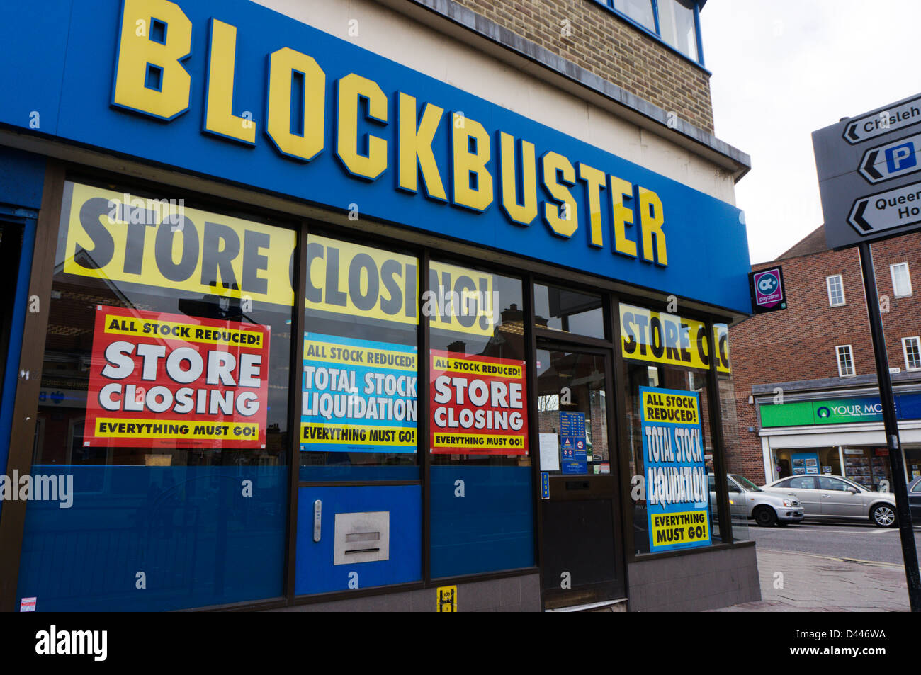 A closing down Blockbuster Video shop in Sidcup, Kent. Stock Photo